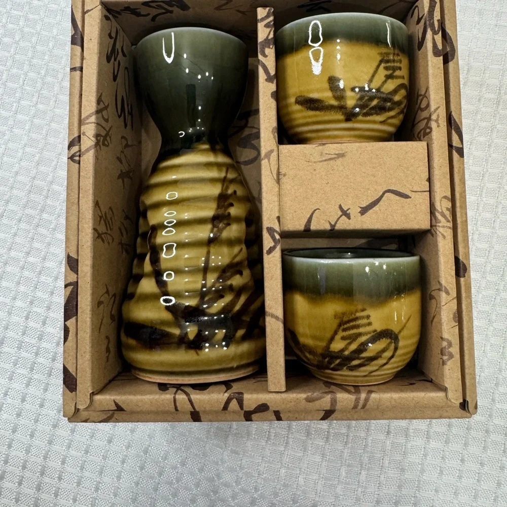 Oribe Green and Brown Sake Set 3 Piece - Picture 1 of 3